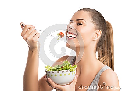 Beautiful woman eating a salad, isolated on white Stock Photo