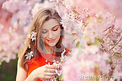 Beautiful woman enjoying field, pretty girl relaxing outdoor Stock Photo