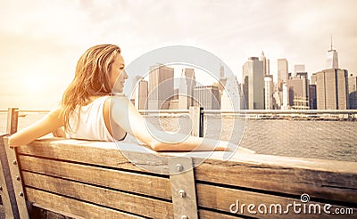 Beautiful woman enjoys the New york skyline Stock Photo