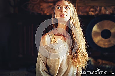 beautiful woman with essential perfume on her neck. Stock Photo