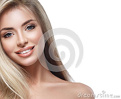 Beautiful woman face blonde hair portrait close up studio on white long hair Stock Photo