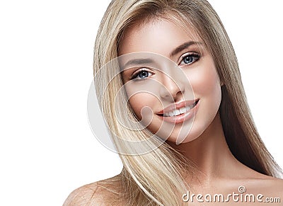 Beautiful woman face blonde hair portrait close up studio on white long hair Stock Photo