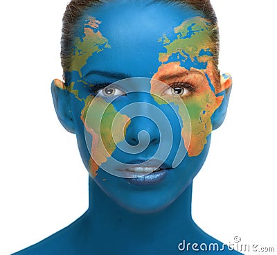 Beautiful woman face close up with planet Earth texture Stock Photo