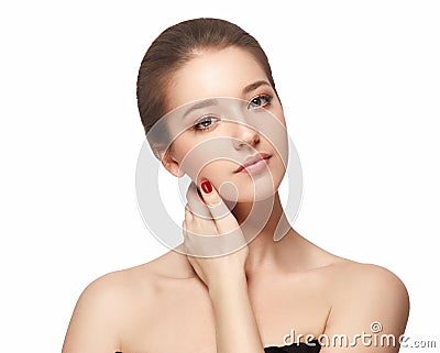 Beautiful woman face close up portrait young studio on white Stock Photo