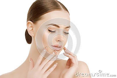 Beautiful woman face close up studio on white Beauty spa model f Stock Photo