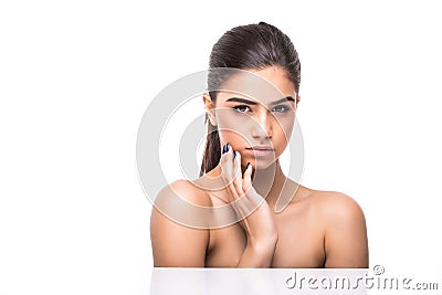 Beautiful woman face close up studio on white. Beauty spa model female, clean fresh perfect skin closeup. Youth care concept. Cosm Stock Photo