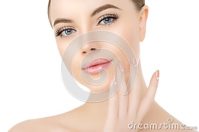 Beautiful woman face close up studio on white. Beauty spa model Stock Photo