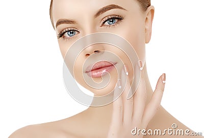 Beautiful woman face close up studio on white. Beauty spa model Stock Photo