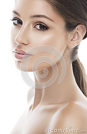 Beautiful woman face close up studio on white Stock Photo
