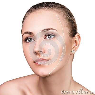 Beautiful woman face with correction line. Stock Photo