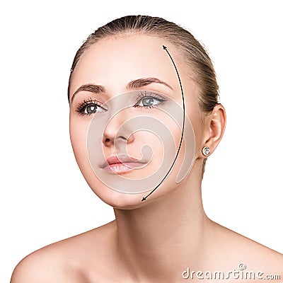 Beautiful woman face with correction line. Stock Photo