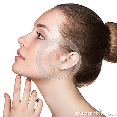 Beautiful woman face with correction line. Stock Photo