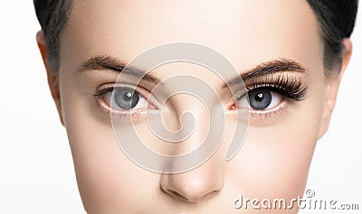 Beautiful woman face with eyelashes lashes extension before and after beauty healthy skin natural makeup closed eyes Stock Photo