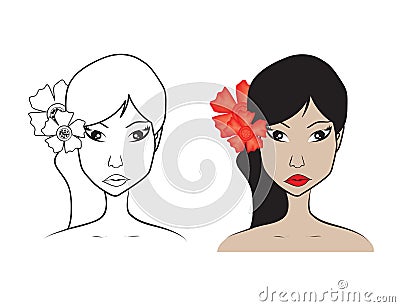 Beautiful woman face with flower vector illustration, girl model, Fashion style, beauty. Graphic, sketch drawing, logo salon Vector Illustration