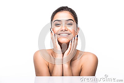 Beautiful woman face. Perfect toothy smile. Caucasian young girl close up portrait. lips, skin, teeth isolated on white background Stock Photo