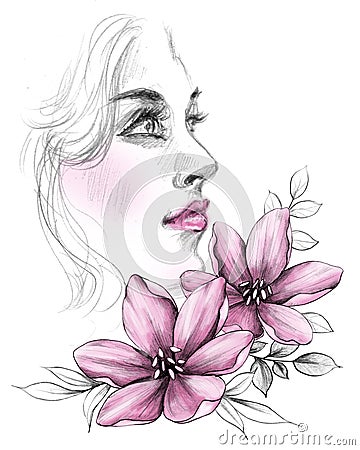 Beautiful Woman Face in Profile and Pink Flowers Cartoon Illustration