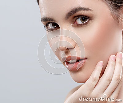 Beautiful woman face studio on white with lips gray background Stock Photo