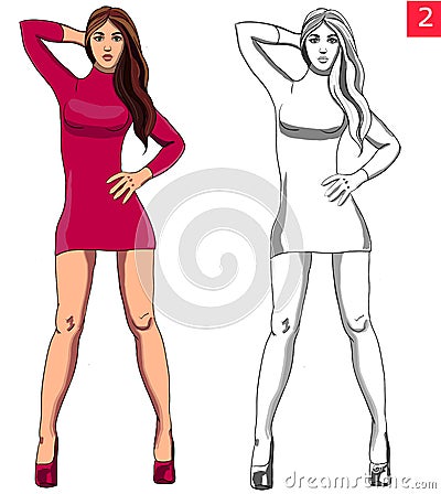 Beautiful woman fashion model in red dress Cartoon Illustration