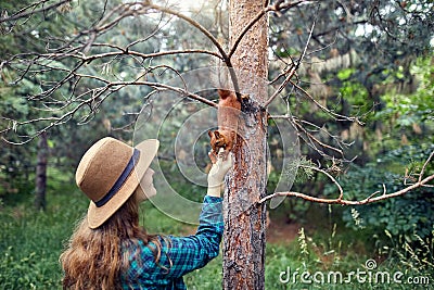 Beautiful woman feeding squirrel in forest Stock Photo