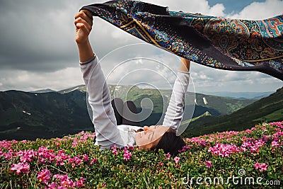 Beautiful woman feel freedom and enjoying the nature Stock Photo