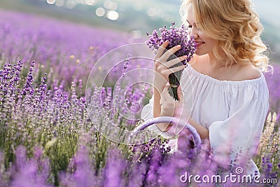 Beautiful woman in a field of blossoming lavender Stock Photo