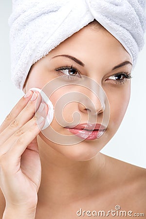 Beautiful woman with flawless skin, cleansing Stock Photo