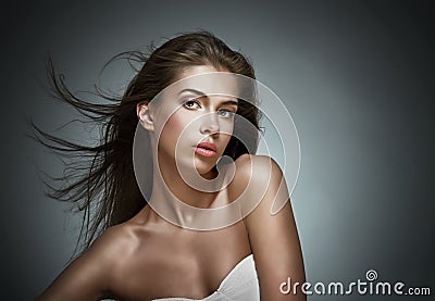 Beautiful woman with fluttering hair. Stock Photo