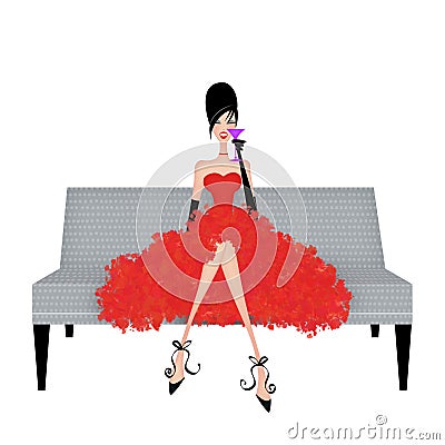 Pretty Young Woman on Sofa in a Frilly Party Dress Isolated on W Stock Photo