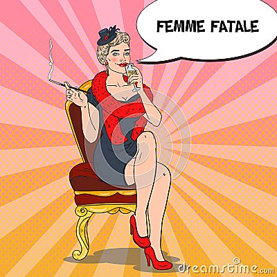 Beautiful Woman in Fur with Glass of Champagne. Femme fatale. Pop Art Retro illustration Vector Illustration