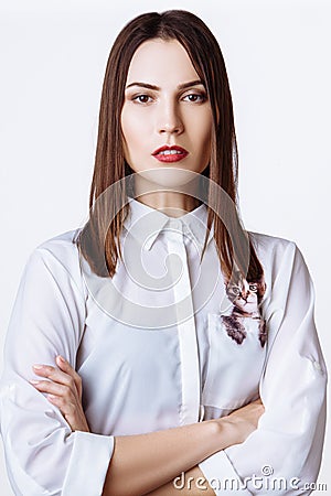 Beautiful woman glamor model business office fashion clothes wear casual style. Stock Photo