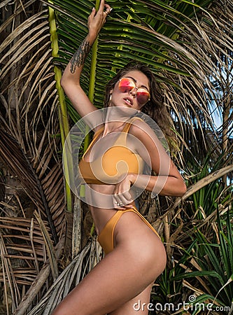 Beautiful woman in gold swimwear between palm trees Stock Photo