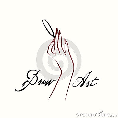Beautiful woman hand with elegant red nail polish manicure, holding plucking eyebrow tweezers between fingers. Vector Illustration