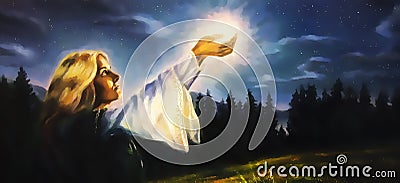 Beautiful woman with hands holding light in nocturnal landscape, computer graphic from painting. Stock Photo