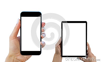 Beautiful Woman hands holding set of smart phone, tablet computer with isolated white screen. Business workplace with copy space. Stock Photo