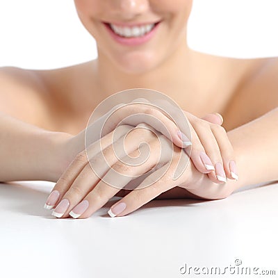 Beautiful woman hands nails with perfect french manicure Stock Photo