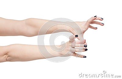 Beautiful woman hands reach out isolated Stock Photo