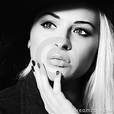 Beautiful Woman in Hat.Elegance Beauty Girl.Monochrome Stock Photo