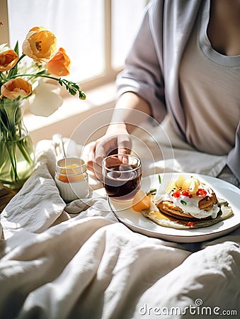 Beautiful woman having breakfast in bed, home bedroom interior with bright morning light, healthy food on cozy decorated Stock Photo