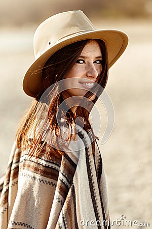 Beautiful woman hipster portrait smiling, with romantic look and Stock Photo