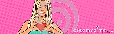 Beautiful Woman Hold Heart Shape Over Comic Pop Art Background Horizontal Banner With Copy Space Valentines Day Concept Vector Illustration