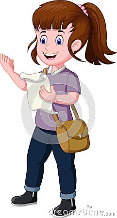 Beautiful Woman Hold A Paper With Brown Bag Cartoon Stock Photo