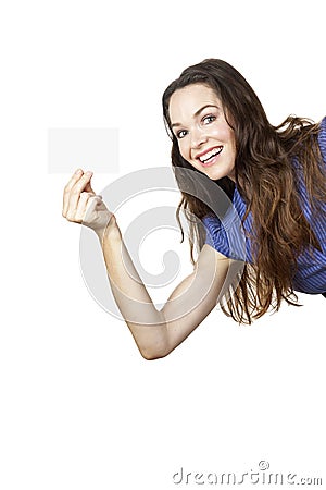 Beautiful woman holding a blank business card Stock Photo