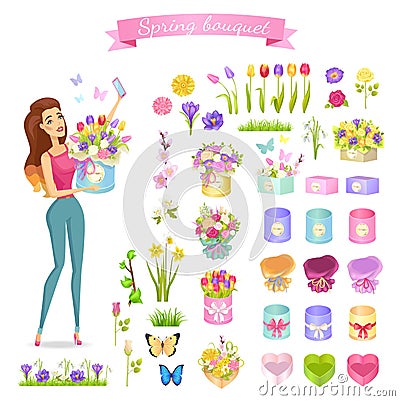 Beautiful Woman Holds Spring Bouquet in Round Box Vector Illustration