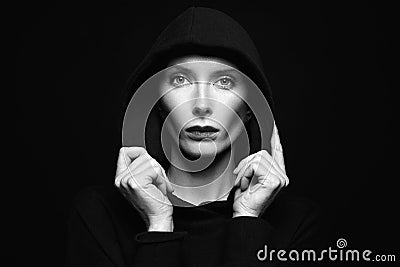 Black and white portrait of Halloween Widow in hoodie Stock Photo