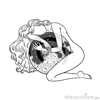 Beautiful woman hugging full moon, magic theme, goddess symbol. Vector illustration Vector Illustration