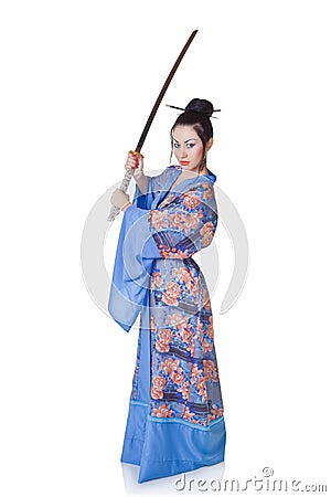 Beautiful woman in a kimono with samurai sword Stock Photo