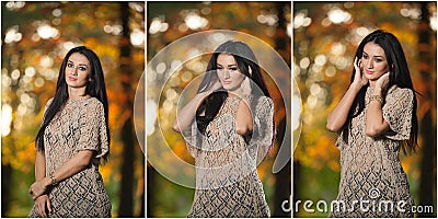 Beautiful woman in lace blouse posing in autumnal park. Young brunette woman spending time in forest during fall season Stock Photo