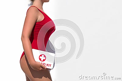 Beautiful woman lifeguard in a red swimsuit with a first aid kit on the white background Stock Photo