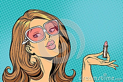 Beautiful woman with lipstick in hand Vector Illustration