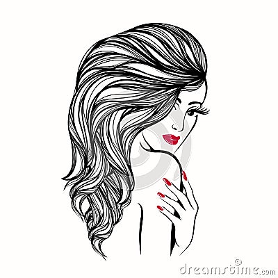 Beautiful woman with long, wavy hair and bold makeup and manicure, touching her shoulder with the hand. Vector Illustration